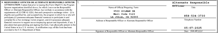 Screenshot of Box 7 (Alternate Responsible Officer) signature on the J-1 Exchange Visitor DS-2019
